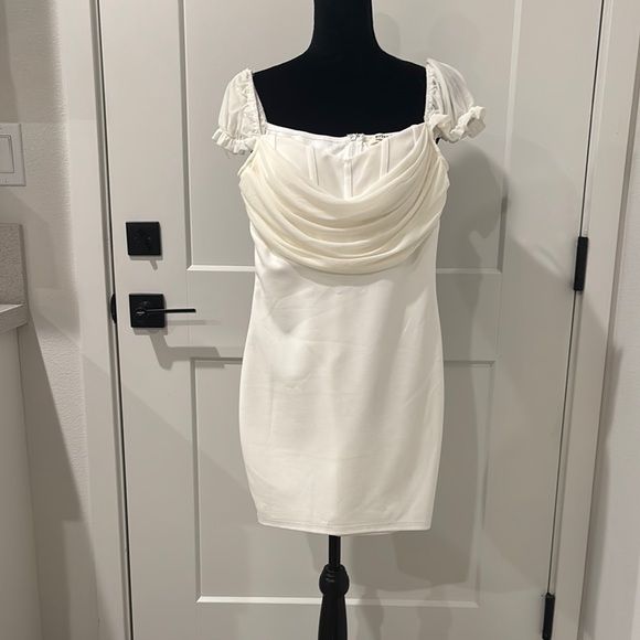 privy Dresses & Skirts - Privy White Mini Sheath Dress with Ruched Neckline and Puff Sleeves